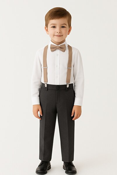DaphKids Unisex 1-7 Yaş Lastikli Ayarlanabilir Çocuk Pantolon Askısı Papyon Seti - Bej