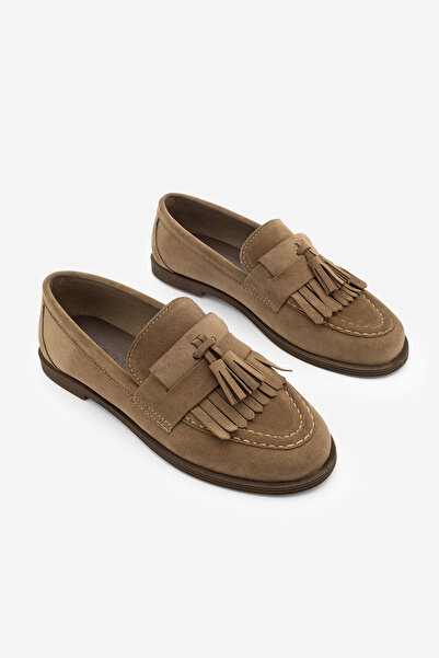 Marjin Kadın Loafer Püsküllü Günlük Ayakkabı Petlin Taba Süet