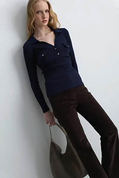 Gusto Polo Neck Ribbed Blouse - Navy Blue