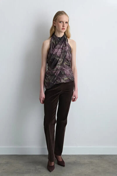 Gusto Anka Collection Halter Neck Blouse with Scarf - Plum