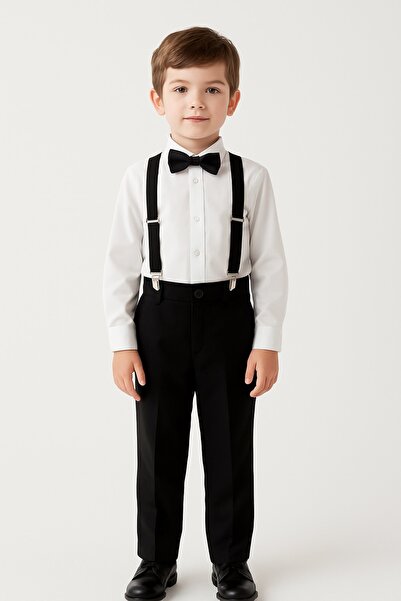 DaphKids Unisex 1-7 Yaş Lastikli Ayarlanabilir Çocuk Pantolon Askısı Papyon Seti - Siyah