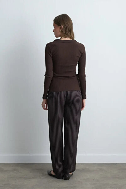 Gusto Polo Yakalı Pamuk Örme Bluz - Kahverengi