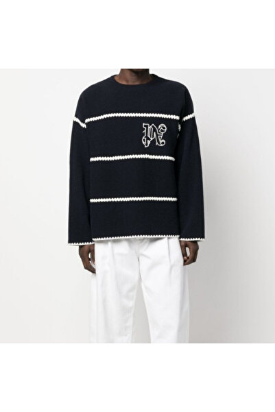 Palm Angels WOOL BLEND SWEATER – NAVY SWEATER WITH EMBROIDERED MONOGRAM