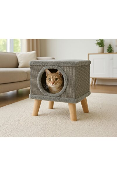 Purlov Casuta pisici gri 38x32x32 cm cu picioare lemn – Patut confortabil pentru pisica