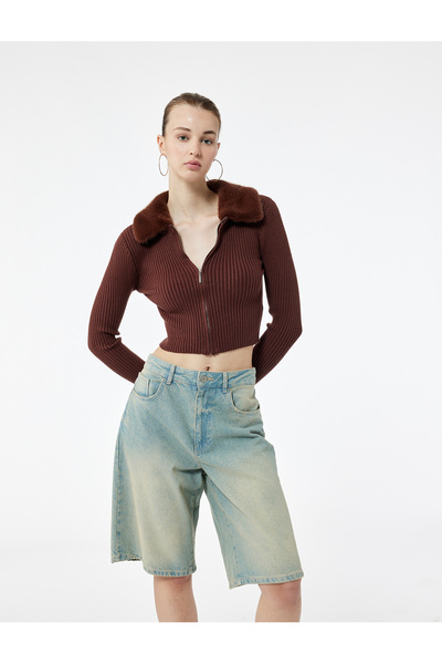 Koton Cardigan tricotat cu mânecă lungă și fermoar, cu guler din blană artificială amestecată de viscoză