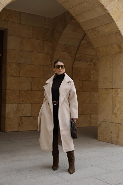 TUNAM BUTİK 9352 Diagonal Cashmere Coat Stone