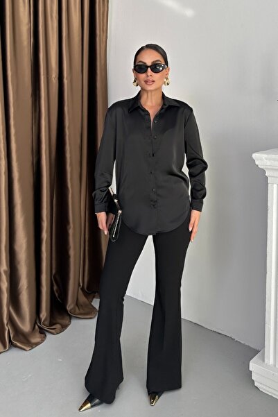 spirituel Kadın Gömlek Saten Uzun Kollu Düşük Omuz Düğmeli Şık Gömlek