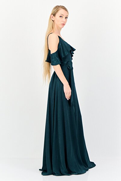 Lulu Women Solid Belted Wrap Dress, Dark Green