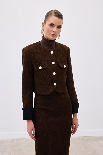 Sateen Контрастний короткий твідовий піджак - кавовий