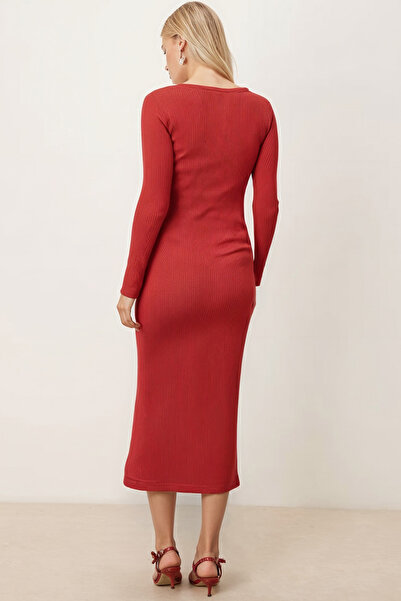 armonika Women's Pomegranate Flower Wide Neckline Long Sleeve Front Buttoned Bodycon Slit Dress Arm-26K001013