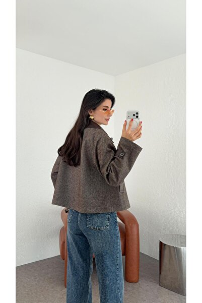 HAZELANNA سترة بنية اللون مع ياقة جلدية