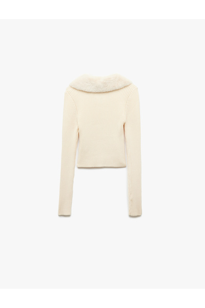 Koton Viscose Blend Faux Fur Collar Long Sleeve Zippered Knitwear Cardigan