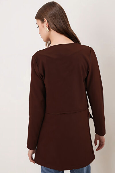 armonika Women's Brown Waist Stitched Long Jacket Arm-26K001017