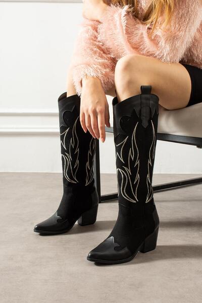 ShoeTek Alvest Kadın Kovboy Çizme Dikiş Desenli Siyah Süet/Siyah Deri