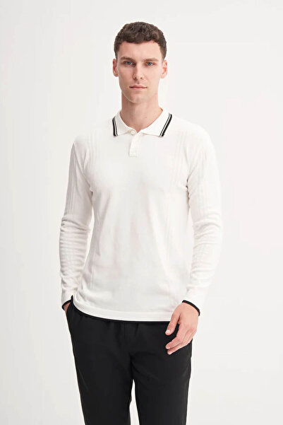 Cazador Stripe Patterned Polo Neck Ecru Men's Sweater 33035