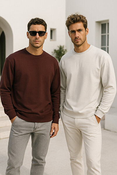 Rich Мъжки 2-пакет кафяво-кремаво базово суитшърт с велосипедна яка