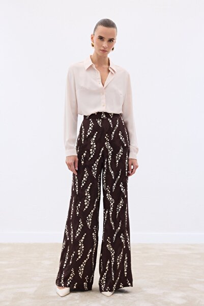 Sateen Patterned Wide Leg Trousers - Brown