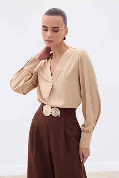 Sateen V Yaka Saten Bluz - Camel