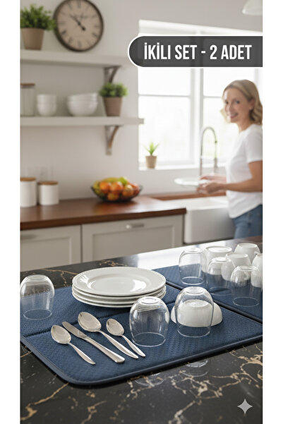 Hagen 2li SET Bulaşık Kurutma Matı 44x36cm Lacivert Mutfak Bulaşık Matı Premi...