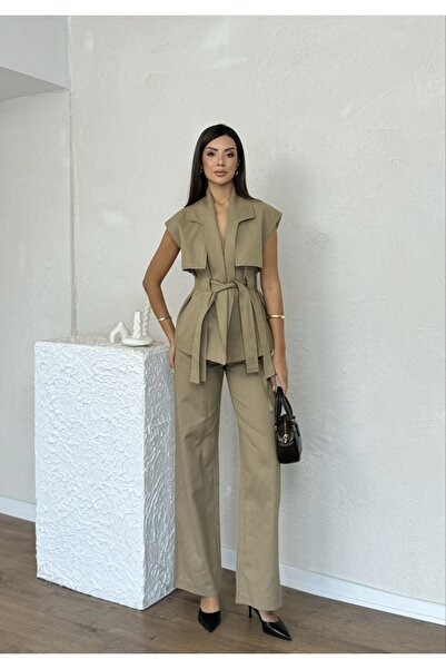 Nesil Windbreaker Detailed Belted Sleeveless Women's Stylish Classic Daily Engagement Wedding Pants Vest Set