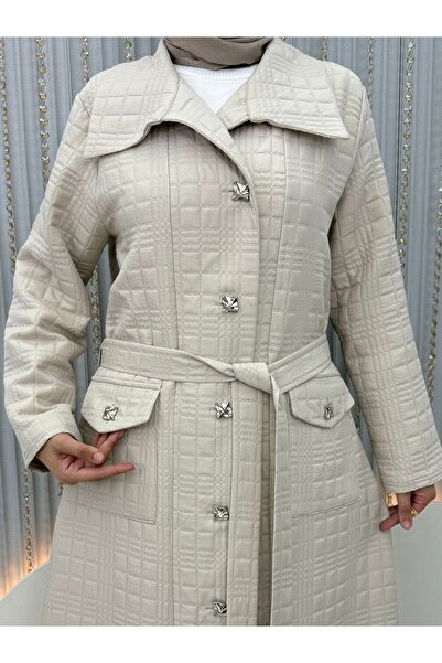 QUAWEAR Seasonal Large Size Top Coat with Belt, Stone Buttons and Flap Pockets