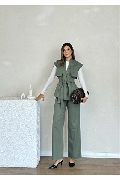 Nesil Windbreaker Detailed Belted Sleeveless Women's Stylish Classic Daily Engagement Wedding Pants Vest Set