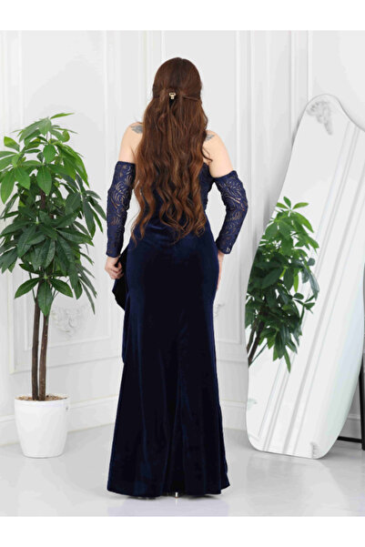 Nice Model Navy Velvet Off Shoulder Evening Gown Pearl Embroidered Lace Bodice Long Sleeve Formal Dress