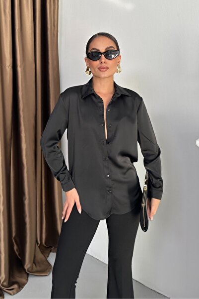 spirituel Kadın Gömlek Saten Uzun Kollu Düşük Omuz Düğmeli Şık Gömlek