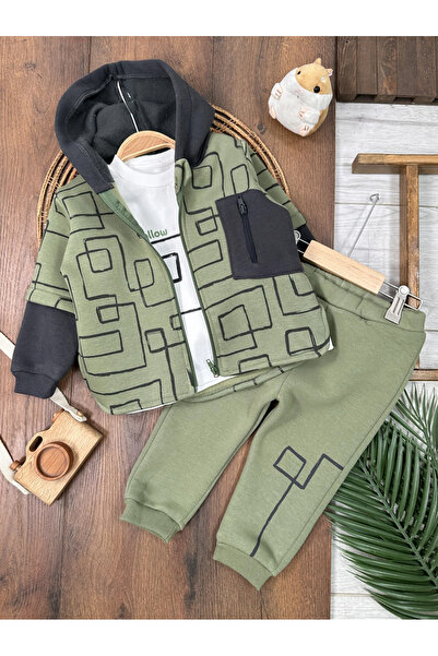 BİSCOİ Anthill Three Thread Cotton Printed Hooded Baby Boy Set with Pockets