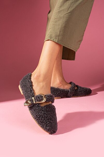 FUGA MODA Olisse Anthracite Towel Textured Western Buckle Belted Home Slippers