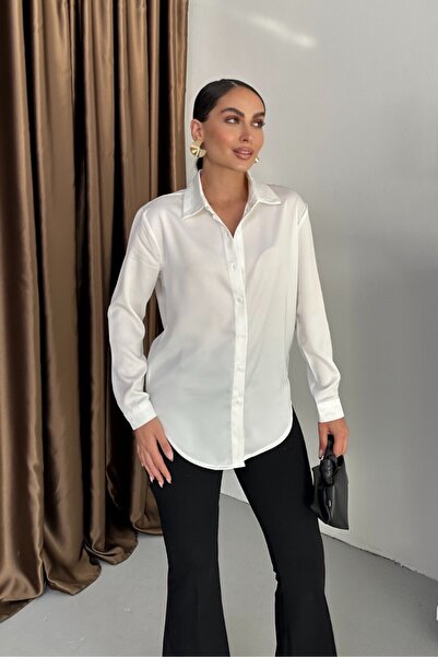 spirituel Жіноча сорочка з атласу з довгими рукавами, низькими плечима та ґудзиками, елегантна сорочка