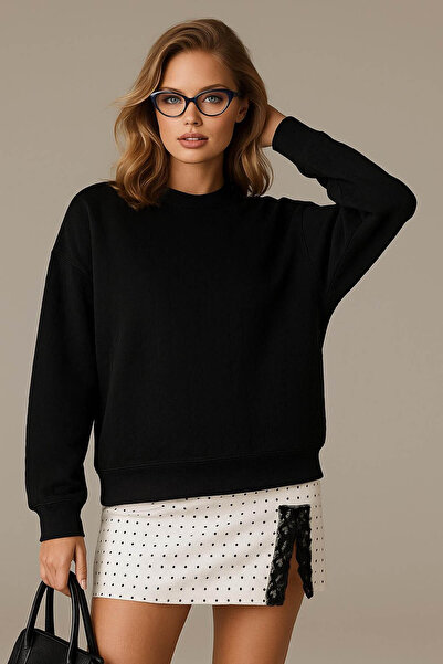 Fashion Friends Hanorac negru oversize pentru femei cu gât rotund 25K0141K1