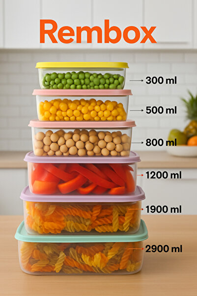 Rembox 6-Piece Mixed Color Storage Container Set, Nesting Food Storage Boxes (0.3 L – 2.9 L)
