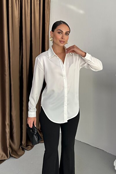 spirituel Жіноча сорочка з атласу з довгими рукавами, низькими плечима та ґудзиками, елегантна сорочка