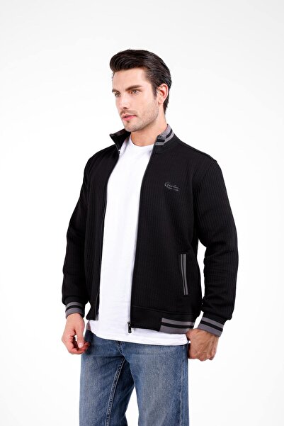Decas Proo Seersucker Stand Collar Zipper Cardigan - Black