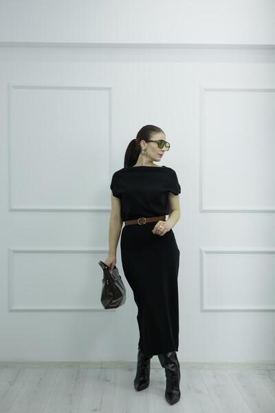 TUNAM BUTİK 90256 Asymmetrical Collar Wool Belted Knitwear Dress Black