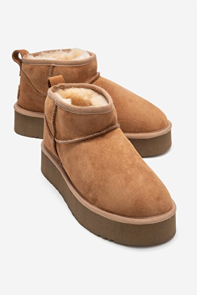 LuviShoes Γυναικείες μίνι μπότες VEYRA Tan Suede από γνήσιο δέρμα με σόλα πλατφόρμας από γούνα