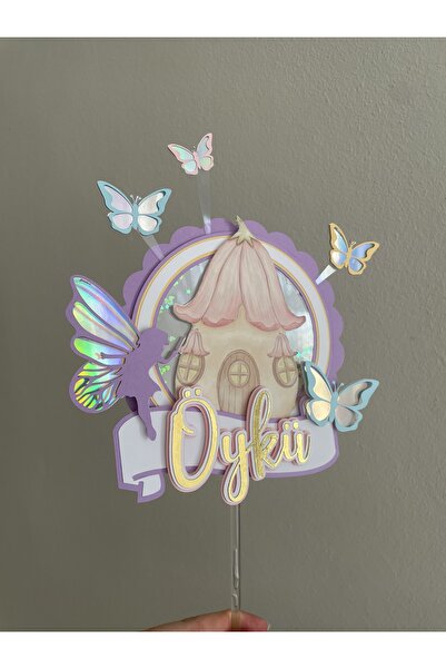wenucapartyshop Peri Konsept Kişiye Özel Cake Topper | Pastel Gold Pasta Süsü | Kelebekli Doğum Günü Dekoru (Mor)