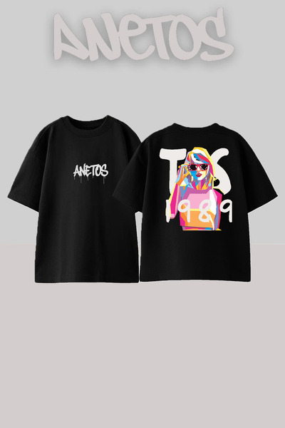 Anetos Taylor Swift 18 Design Back cu imprimeu Bumbac Negru supradimensionat ...