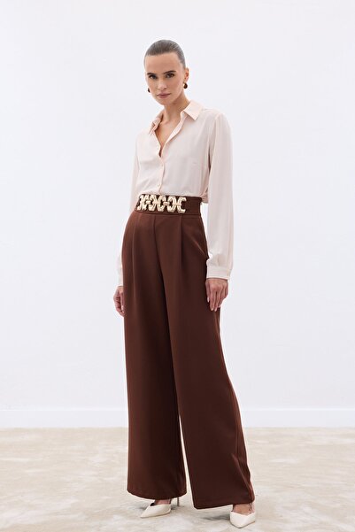 Sateen Kemerli Salaş Pantolon - Kahve