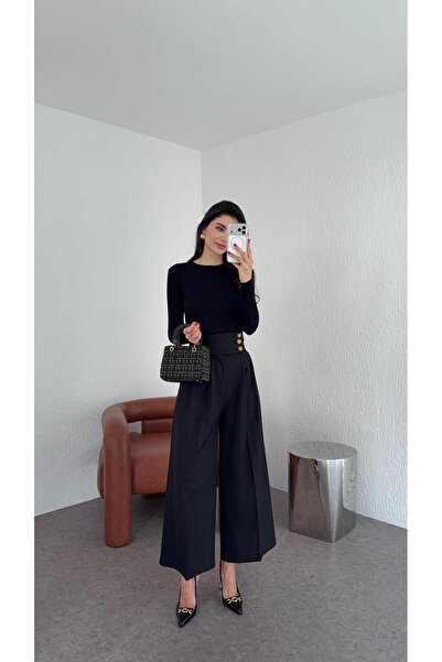 HAZELANNA 3 Button Extra High Waist Black Trousers