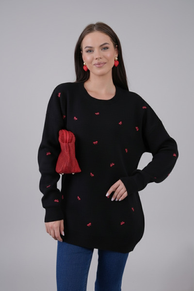 hayal giyim Elegant Bow Embroidered Knitwear Sweater - Black
