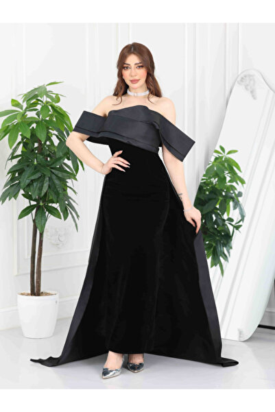 Nice Model فستان سهرة أسود من الساتان بدون أكتاف وتفاصيل ذيل وخط A رسمي بدون ...