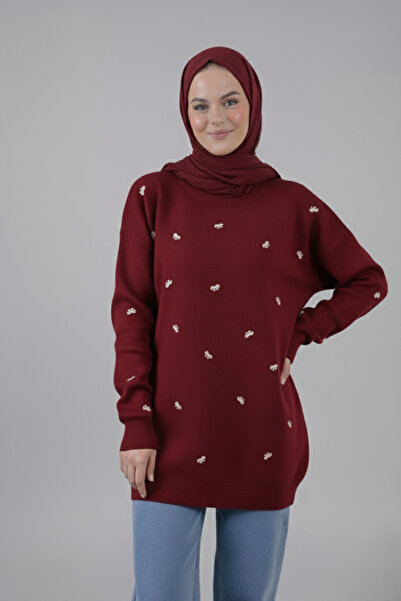 hayal giyim Elegant Bow Embroidered Knit Sweater - Burgundy