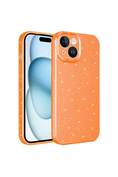 Aden iPhone 15 Plus Compatible Camera Protected Glitter Luxury Nxxa Cotton Case-Orange