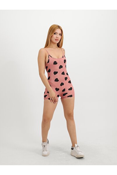 Genel Markalar Kadın Kalp Desenli Pembe Dar Kesim Sırt Dekolteli Askılı Kısa ...