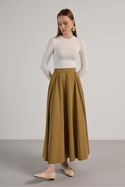 minaaise Kadın Yağ Yeşili Parçalı Dikiş Detaylı Premium Uzun Etek 30054