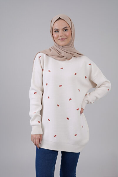 hayal giyim Elegant Bow Embroidered Knit Sweater - White