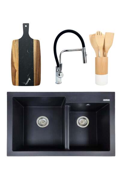 SanDonna Pachet chiuvetă de bucătărie din granit compozit cu 2 cuve Edyta + baterie flexibilă Andra albă + chiuvetă