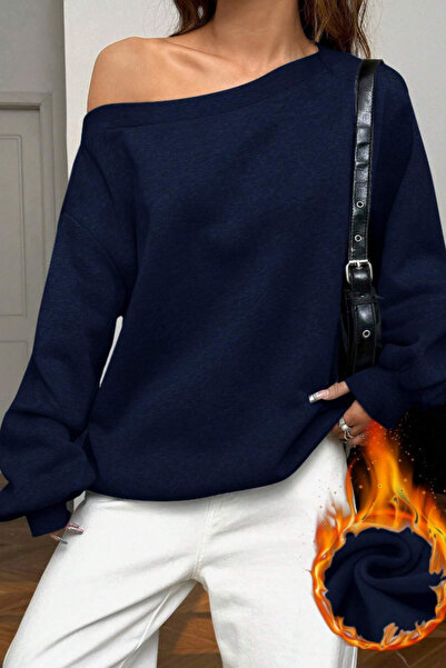 Tarz Cool Γυναικείο φούτερ Navy Blue Boat Neck 3 Threaded Ş επένδυση fleece O oversized